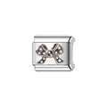 Close-up of a silver stainless steel Italian charm module with a cute bow tie pattern - Polka Dot Bow Module (Y885) / Silver with Polka Dot Bow