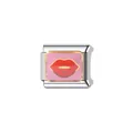 Detailansicht eines italienischen Charm-Glieds mit roten Lippen auf rosa Hintergrund - Rosa Rote Lippen Glied (Y405)