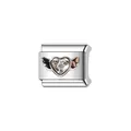 Detailed close-up view of a silver Italian modular charm link with winged heart and crystal - Silver Winged Heart (Y879) / Silver