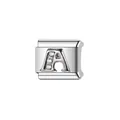 Close-up of a polished silver stainless steel Italian modular charm link with letter A - Letter A Style