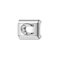 Detail view of silver stainless steel Italian charm link featuring stone-set letter C. - Letter C Style