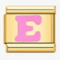 Premium gold plated Italian charm featuring a pink enamel letter E for modular bracelets - Letter E / Gold Pink