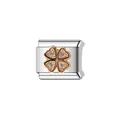 Detailed view of rose gold heart clover charm with crystals for modular Italian bracelets - Rose Gold Heart Clover (Y898) / Silver+Rose Gold