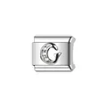 Dettaglio di charm modulare in acciaio argento con lettera G e pietre incastonate - Stile Lettera G