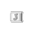 Dettaglio del charm modulare italiano in acciaio inossidabile argento con lettera J - Stile Lettera J
