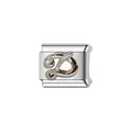 Close-up detail of a silver stainless steel Italian modular charm link with crystal-set letter D - Letter D Style (Y1240) / Silver