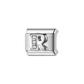 Primo piano di un charm modulare per bracciale in acciaio inossidabile con lettera R e cristalli - Stile Lettera R