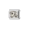 Macro detail of a silver stainless steel Italian charm link featuring a cursive letter R - Letter R Style (Y1245) / Silver