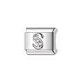 Primo piano di un charm modulare in acciaio inox argento con lettera S in cristallo - Stile Lettera S