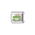 Detailansicht eines italienischen Charm-Glieds aus Edelstahl mit grünem Frosch-Design - Cartoon-Frosch-Stil (Y432)