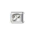 Detailed view of silver stainless steel Italian charm link featuring a crystal letter P - Letter P Style (Y1252) / Silver