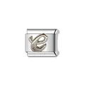 Detailed view of silver stainless steel Italian charm featuring stylized letter e with stones - Letter e Style (Y1255) / Silver