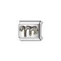 Close-up detail of silver stainless steel Italian charm link with letter M and crystal - Letter m Style (Y1256) / Silver