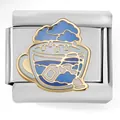 Detailed view of an Italian modular bracelet charm with blue cloud enamel and gold edge - Rain in Cup (4273)