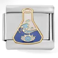 Detail macro view of Erlenmeyer flask enamel charm with blue wave and eye pattern - Lab Flask (4274)