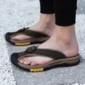 Tongs en cuir de vachette marron pour hommes avec protection des orteils pour la plage - Brun Foncé