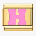 Gold-plated stainless steel Italian charm bracelet link with a pink enamel letter H - Letter H / Gold Pink