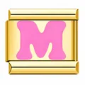 Gold-plated stainless steel modular Italian charm featuring a pink enamel letter M - Letter M / Gold Pink
