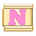 Gold-plated Italian charm featuring a pink enameled letter N in stainless steel - Letter N / Gold Pink