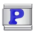 Italian charm bracelet link featuring a blue enamel letter P on stainless steel base - Letter P