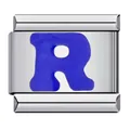Stainless steel Italian charm link featuring a blue enamel alphabet letter R for DIY bracelets - Letter R