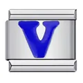 Polished stainless steel Italian modular charm with blue enamel letter V design details - Letter V