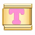 Elegant pink enamel letter T Italian charm link made of gold-plated stainless steel - Letter T / Gold Pink