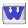 Stainless steel Italian charm bracelet link featuring a blue enamel letter W design - Letter W