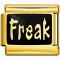 Macro view of gold stainless steel modular charm with black enamel and Freak design - Freak (0217)