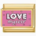 Detail of golden modular charm link with LOVE myself text and pink heart design - Love Myself (3124)