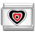 Detailweergave van een roestvrijstalen modulaire armbandlink met drievoudig hartontwerp. - Driekleurig Hart Zwart Rood (5796) / Zilver