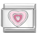 Detail van een roestvrijstalen modulaire DIY-bedel met een gelaagd roze hartvormig ontwerp - Driekleurig Hart Roze Rood (5795) / Zilver