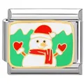 Makro-Detail des Weihnachts-Schneemann-Emaille-Links für modulares Stahlarmband - Weihnachtsmann-Hut Schneemann (5790)