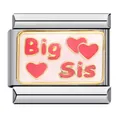 Close-up detail of stainless steel Italian modular charm featuring Big Sis and red hearts - Big Sis Style (ICJ580)