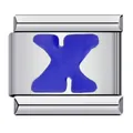 Personalized stainless steel Italian charm bracelet link featuring a blue enamel letter X - Letter X