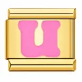 Gold-plated stainless steel Italian charm bracelet link with pink enamel letter U design - Letter U / Gold Pink