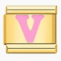 Gold-plated stainless steel Italian modular charm featuring a pink enamel letter V inlay - Letter V / Gold Pink