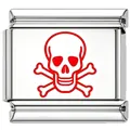 Detail of a polished stainless steel modular charm with a red skull and crossbones design. - Silver Red Skull Style (6004)