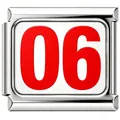 Detail view of polished stainless steel modular bracelet charm with red number 06 - Silver Red Number 06 Style (6010)