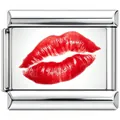 Detailed view of polished stainless steel modular bracelet link with red lip print charm - Silver Red Lip Print Style (6012)