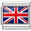 Detailed close-up of a stainless steel modular charm link with a colorful UK flag - Silver Union Jack Style (5998)