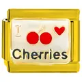 Close-up of gold stainless steel DIY modular charm link with I Cherries design - White Cherries (5928)