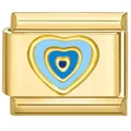 Gedetailleerde macro-opname van een gouden roestvrijstalen hartbedel met blauw oog - Goud Driekleurig Hart Zwart Blauw (5799) / Goud