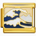 Detailed macro view of gold plated bracelet link featuring Kanagawa Great Wave design - Ukiyo-e Wave (3355)