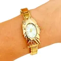 Unique fish-shaped gold-tone women's fashion watch with stainless steel band on wrist - 5462-Gold Blue