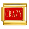 Detail of gold stainless steel modular charm link with red enamel and CRAZY text. - Crazy (3347)