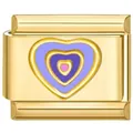 Detailopname van een gouden roestvrijstalen modulaire schakel met een emaille hart. - Goud Driekleurig Hart Roze Blauw Paars (5800) / Goud