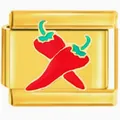 Gold stainless steel Italian charm link with red chili pepper design detail - Double Red Chili (3348)