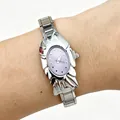 Detailed view of unique silver fish-shaped fashion watch with elegant purple dial on wrist - 5468-Silver Purple