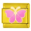 Detailed macro view of a golden 304 stainless steel modular bracelet charm with pink butterfly - Pink Butterfly (1684)